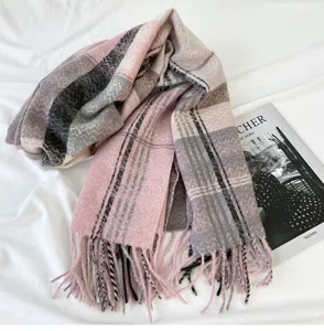 Cozy pink plaid cashmere-feel fringe scarf, thick warm winter shawl for women daily wear.
