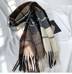 Cozy winter plaid fringe scarf, soft cashmere-feel thick warm shawl for women daily wear.