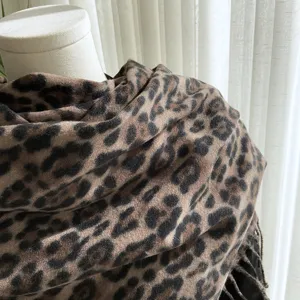 Classic leopard print scarf for women, autumn winter imitation cashmere fringe shawl warm.