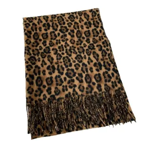 Classic leopard print scarf for women, warm winter tassel shawl, stylish autumn neck wrap.