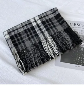 Classic black white plaid cashmere scarf for women, thick warm winter tassel shawl.