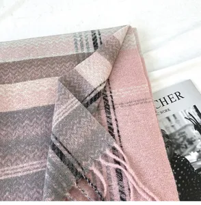Women winter pink plaid tassel cashmere feel scarf shawl warm thick fashion wrap