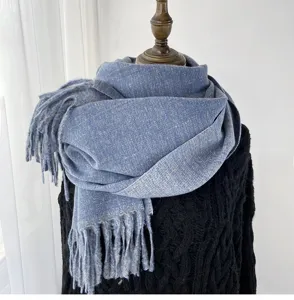 Blue cashmere feel tassel scarf winter warm cozy fashion elegant neck wrap soft