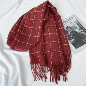 Cozy winter red plaid scarf for women, thick cashmere-feel tassel fringed warm wrap shawl.