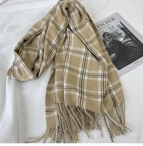 Korean plaid scarf for women, warm imitation cashmere shawl for winter, long tassel couple scarf.