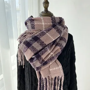 Women Winter Thickened Warm Plaid Scarf Classic Tassel Imitation Cashmere Soft Long Scarf Fashion Casual Neck Scarf