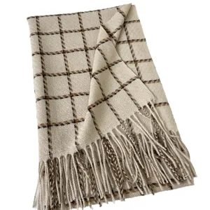 Classic plaid faux cashmere scarf for women, warm winter fringe shawl and neck warmer.