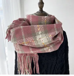 Cozy winter plaid cashmere-feel scarf with fringe, warm Korean style thick shawl for women.