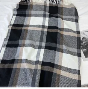 Classic black, white and camel plaid winter scarf for women, warm imitation cashmere tassel shawl.
