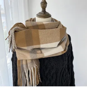 Classic plaid winter scarf for women, warm imitation cashmere tassel shawl and neck warmer.