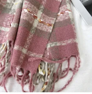 Women winter warm plaid cashmere-feel tassel scarf soft thick cozy shawl detail shot.