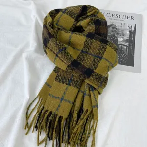 Women winter warm plaid tassel scarf, classic mustard yellow check design cozy neck wrap.