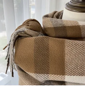 Cozy brown plaid winter scarf with chic fringe detail, soft imitation cashmere fabric warm.