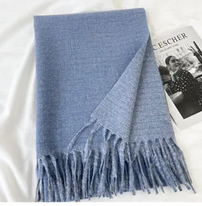 Blue cashmere feel winter tassel scarf cozy warm elegant stylish solid color wrap shawl