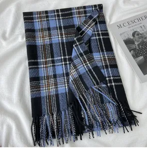 Classic blue plaid winter scarf for women, thick warm cashmere feel tassel shawl wrap.