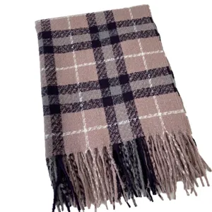 Classic plaid winter scarf for women, thick warm retro tartan shawl, casual cozy soft tassel neck wrap