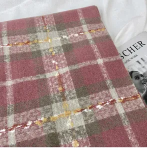 Cozy winter plaid cashmere-feel scarf in pink and grey, thick warm shawl for women.