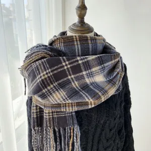 Women Winter Warm Imitation Cashmere Scarf Retro Plaid Tassel Scarf Soft Casual Daily Long Shawl