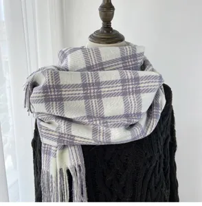 Korean style plaid long winter scarf for women, soft imitation cashmere tassel warm wrap.
