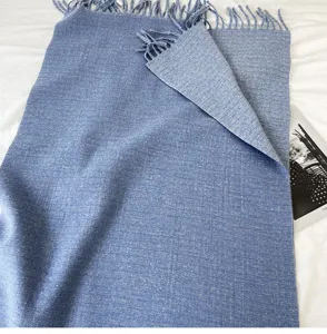 Classic blue cashmere feel winter scarf with elegant tassel fringe cozy warm shawl for women