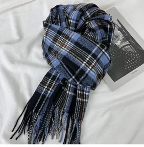 Winter blue plaid tassel scarf for women, thick warm cashmere-feel cozy winter neck wrap.