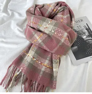 Winter plaid tassel scarf for women, thick warm imitation cashmere scarf, elegant style.