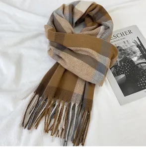 Classic plaid winter scarf for women, warm imitation cashmere tassel shawl, cozy neck wrap.