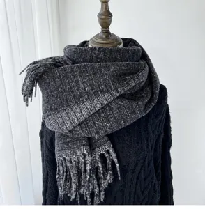 Winter warm knitted tassel scarf for women, dark grey cozy cashmere feel fashion neck warmer.