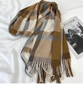 Women's autumn winter plaid cashmere feel tassel scarf, cozy thick warm winter neck wrap.
