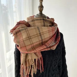 Women's winter plaid warm scarf retro Maillard style cozy casual tassel shawl versatile