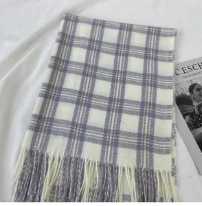 Cozy plaid cashmere feel winter scarf with elegant tassels for women and men daily wear