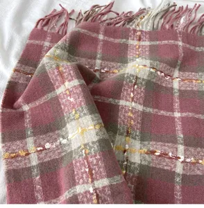 Cozy winter plaid scarf for women, thick cashmere-feel shawl with fringe detail in soft pink.