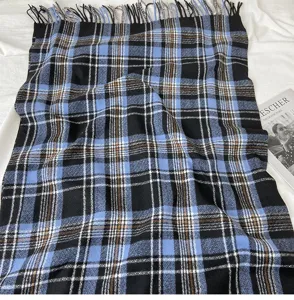 Autumn winter women black blue plaid scarf cashmere feel thick warm tassel fashion shawl detail