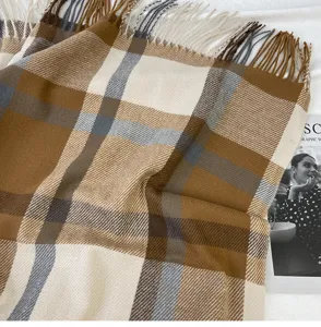 Cozy brown plaid winter scarf with elegant tassels, thick and warm cashmere-feel shawl.