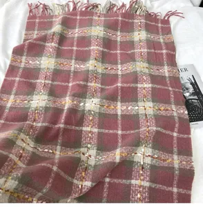 Cozy winter plaid tassel scarf soft cashmere-feel warm shawl for women detail view