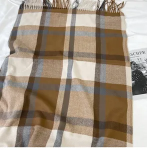 Classic brown plaid imitation cashmere scarf with fringe, warm winter thick shawl for women.