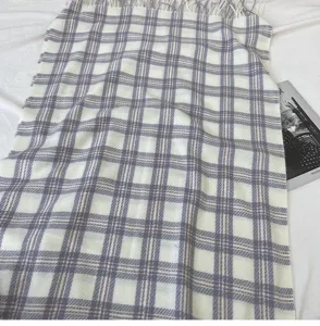 Korean style plaid imitation cashmere scarf with tassels, soft and warm winter accessory.