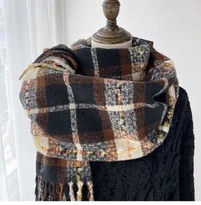 Winter thick plaid scarf for women, classic brown and black cozy imitation cashmere shawl.