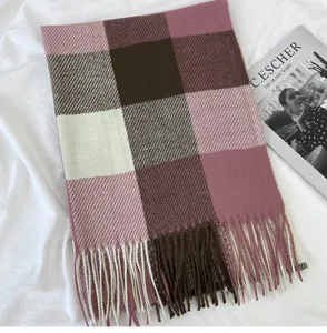 Cozy plaid winter scarf with fringe, thick warm tartan shawl for women and girls daily wear.