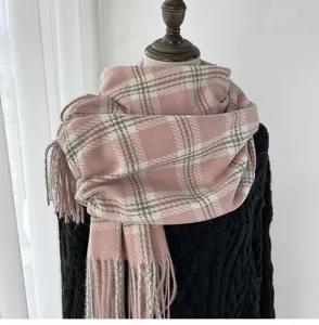 Korean style plaid scarf for women, soft warm winter cashmere feel shawl with tassel fringe.