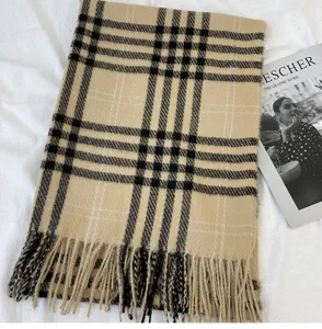 Classic plaid cashmere feel winter scarf, warm British style tassel shawl for women and men.