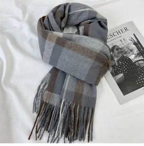 Grey brown plaid winter scarf with tassels, soft warm cashmere feel shawl for women.