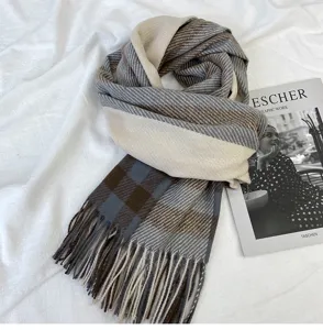 Women's autumn winter imitation cashmere plaid scarf with fringe stylish cozy warm shawl wrap