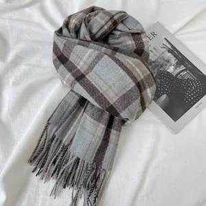 Winter warm imitation cashmere plaid scarf with fringe, elegant grey and brown design.