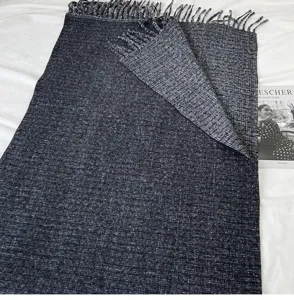 Dark grey faux cashmere scarf with fringe, cozy winter warm shawl for women, elegant daily wear.