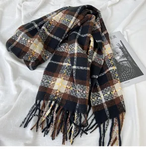 Cozy winter plaid scarf in black and brown, thick imitation cashmere fringe design.