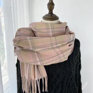 Women winter warm plaid scarf imitation cashmere soft cozy shawl thick tassel neck warmer