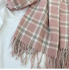 Cozy pink plaid winter scarf for women and men, long soft cashmere feel tassel neck wrap.