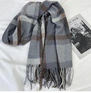 Grey blue plaid tassel scarf detail, winter warm cashmere feel shawl, cozy fashion neck wrap.