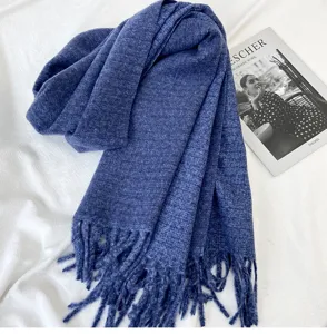 Blue imitation cashmere scarf winter warm tassel cozy soft elegant solid color fashion neck wrap